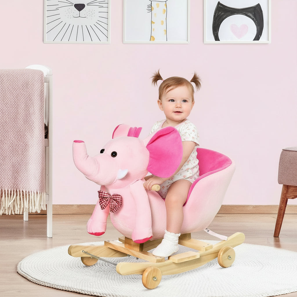 HOMCOM 2-In-1 Baby Rocking Horse Ride on Elephant W/ Wheels Music, Pink