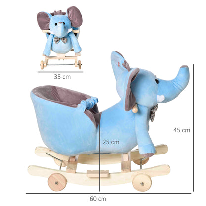 2 in 1 Plush Baby Ride on Rocking Horse Elephant Rocker with Wheels Wooden Toy for Kids 32 Songs for 18+ Months (Blue)
