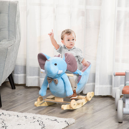 2 in 1 Plush Baby Ride on Rocking Horse Elephant Rocker with Wheels Wooden Toy for Kids 32 Songs for 18+ Months (Blue)