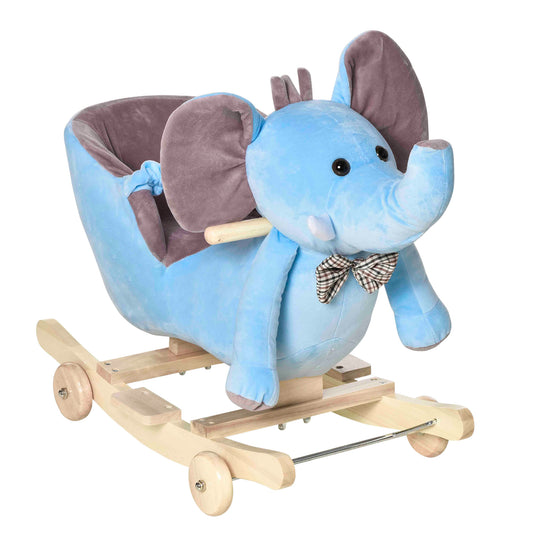 2 in 1 Plush Baby Ride on Rocking Horse Elephant Rocker with Wheels Wooden Toy for Kids 32 Songs for 18+ Months (Blue)