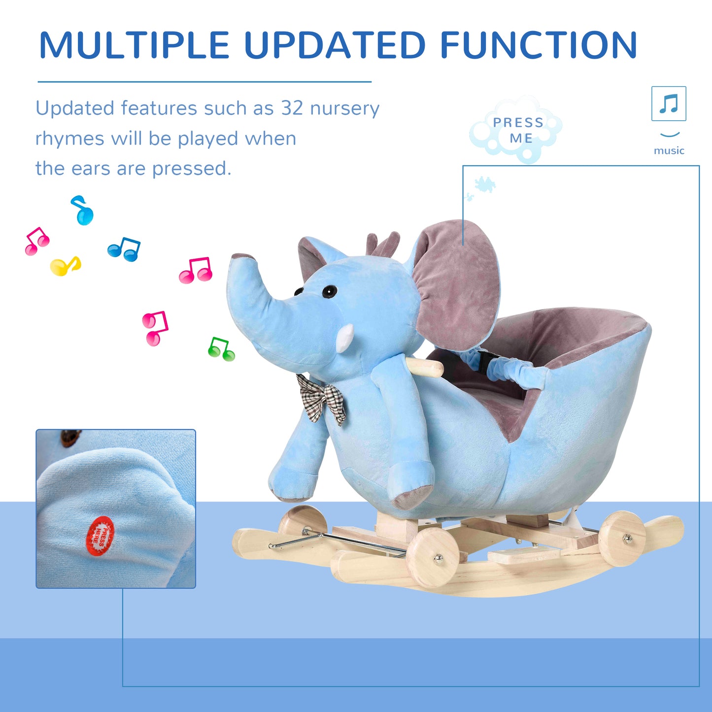 2 in 1 Plush Baby Ride on Rocking Horse Elephant Rocker with Wheels Wooden Toy for Kids 32 Songs for 18+ Months (Blue)