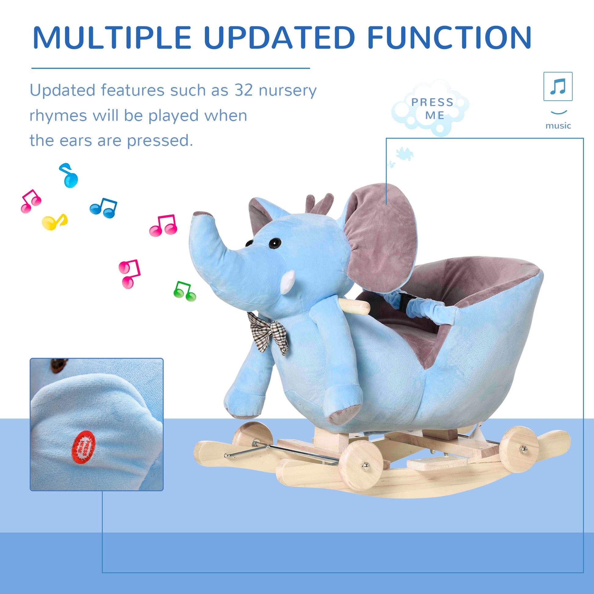 2 in 1 Plush Baby Ride on Rocking Horse Elephant Rocker with Wheels Wooden Toy for Kids 32 Songs for 18+ Months (Blue)