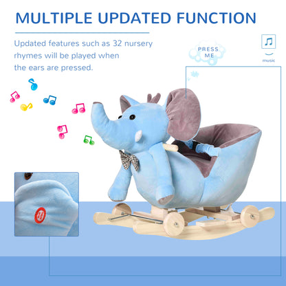 2 in 1 Plush Baby Ride on Rocking Horse Elephant Rocker with Wheels Wooden Toy for Kids 32 Songs for 18+ Months (Blue)