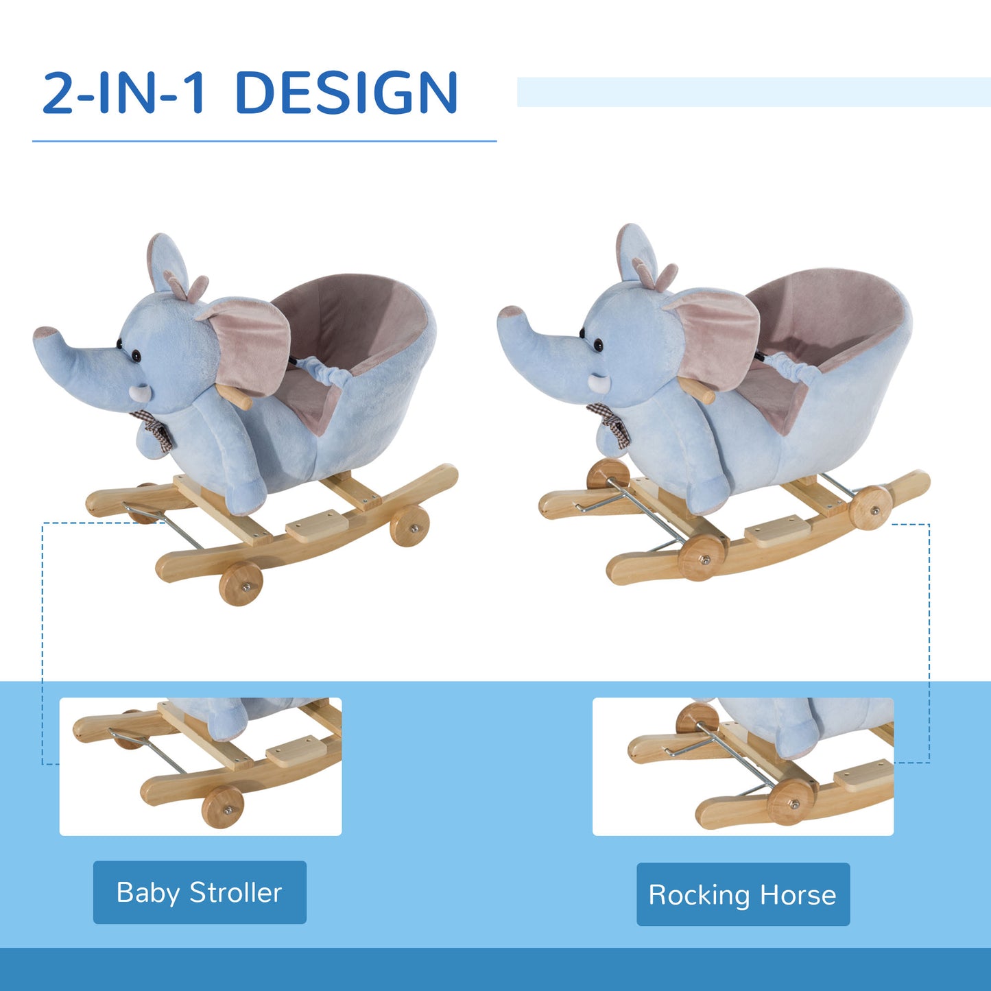 2 in 1 Plush Baby Ride on Rocking Horse Elephant Rocker with Wheels Wooden Toy for Kids 32 Songs for 18+ Months (Blue)