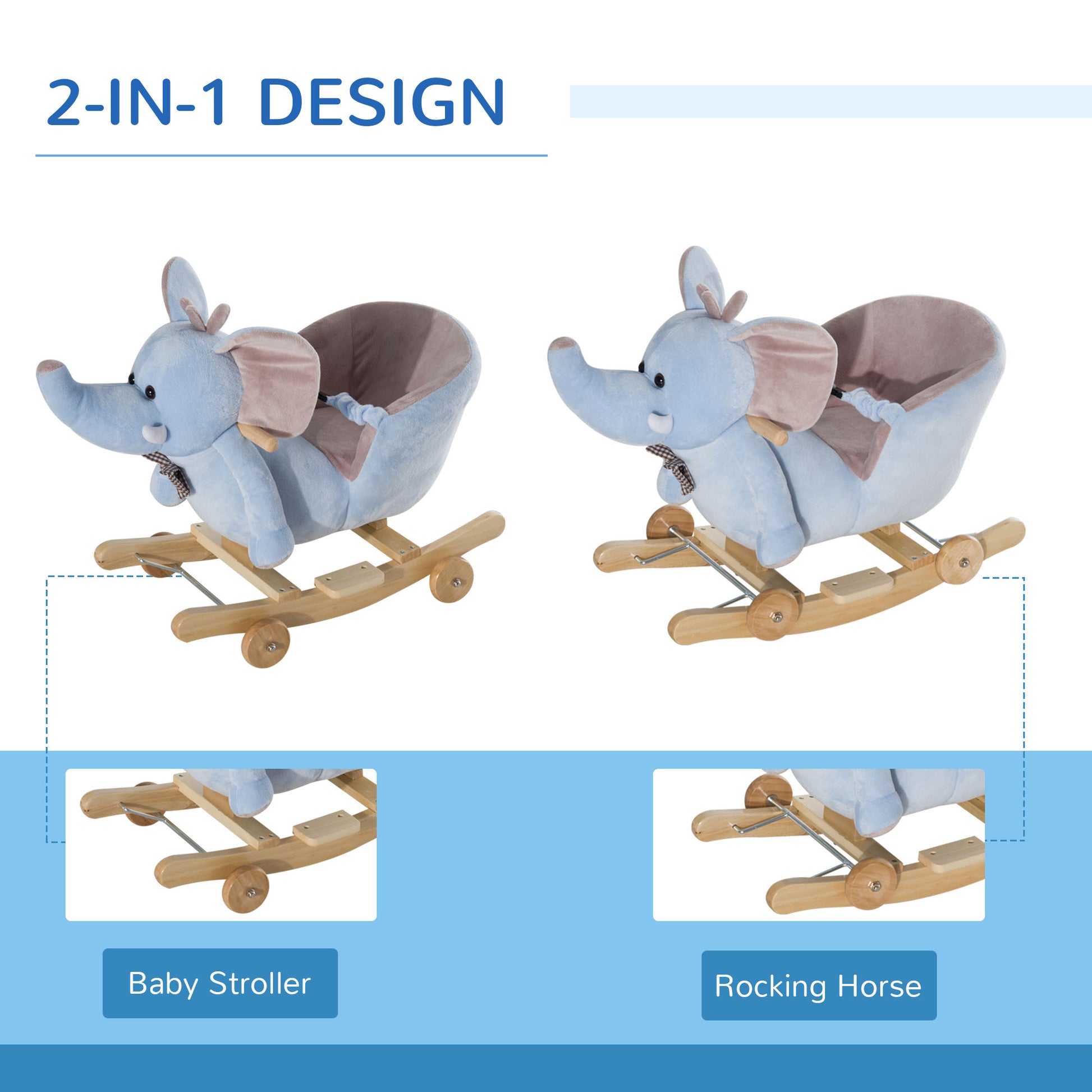 2 in 1 Plush Baby Ride on Rocking Horse Elephant Rocker with Wheels Wooden Toy for Kids 32 Songs for 18+ Months (Blue)