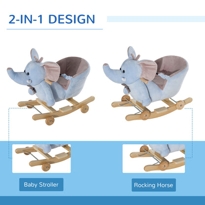 2 in 1 Plush Baby Ride on Rocking Horse Elephant Rocker with Wheels Wooden Toy for Kids 32 Songs for 18+ Months (Blue)