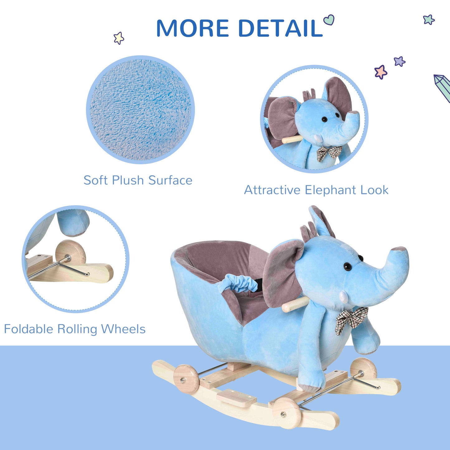 2 in 1 Plush Baby Ride on Rocking Horse Elephant Rocker with Wheels Wooden Toy for Kids 32 Songs for 18+ Months (Blue)