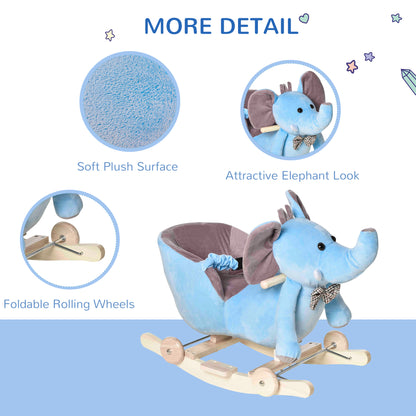 2 in 1 Plush Baby Ride on Rocking Horse Elephant Rocker with Wheels Wooden Toy for Kids 32 Songs for 18+ Months (Blue)