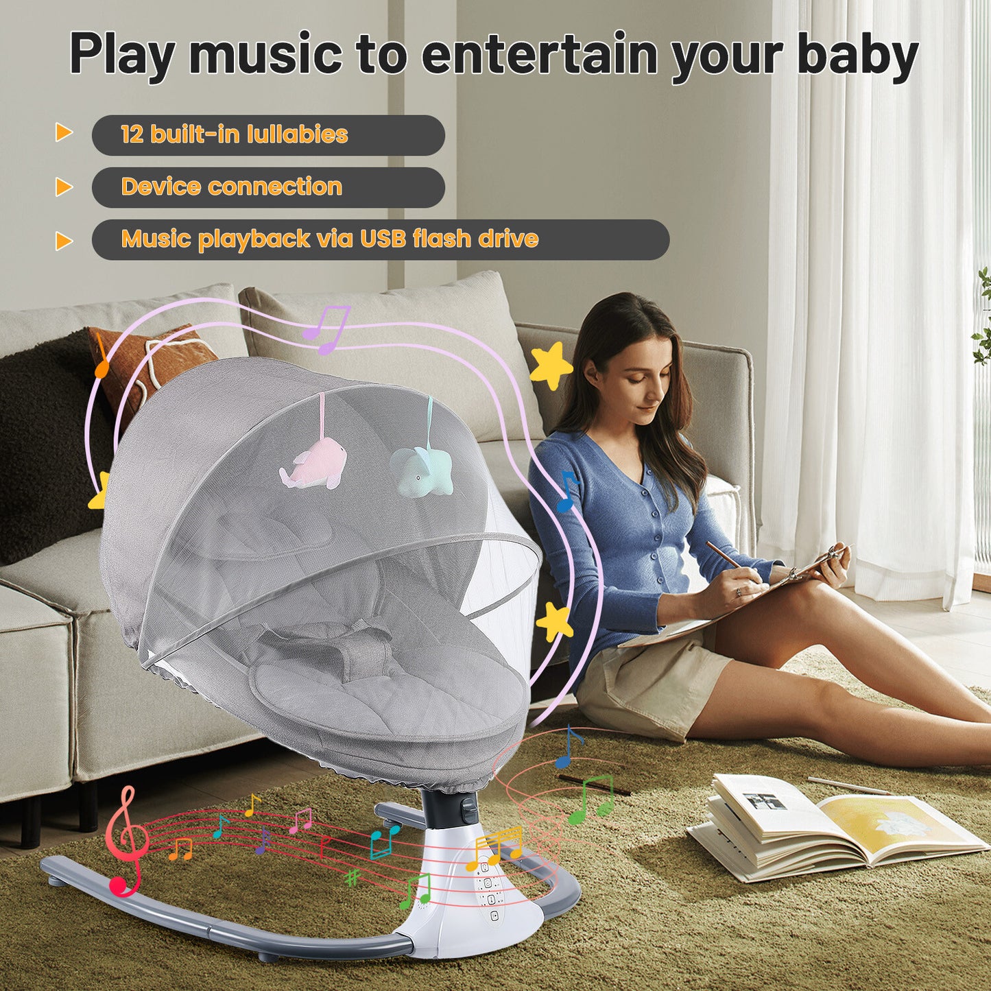 Bluetooth Electric Baby Swing Infant Cradle Bouncer Rocker Chair Music Remote UK