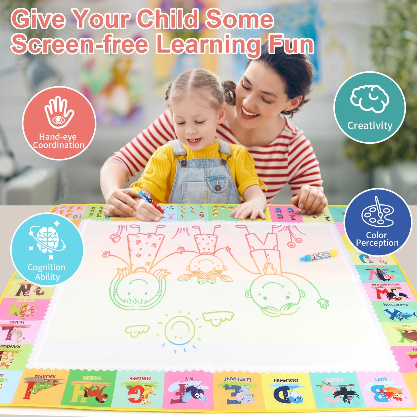 100X80Cm Magic Water Drawing Mat with Reusable Magic Pens Doodle Montessori Painting Board Educational Toys Kids Gifts 39X31In