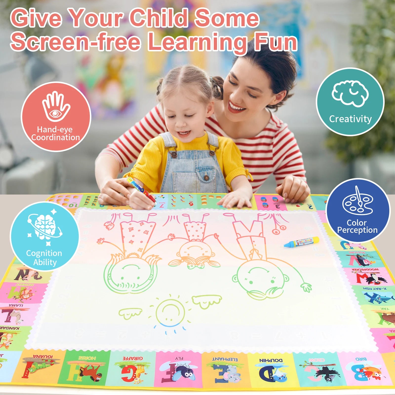 100X80Cm Magic Water Drawing Mat with Reusable Magic Pens Doodle Montessori Painting Board Educational Toys Kids Gifts 39X31In