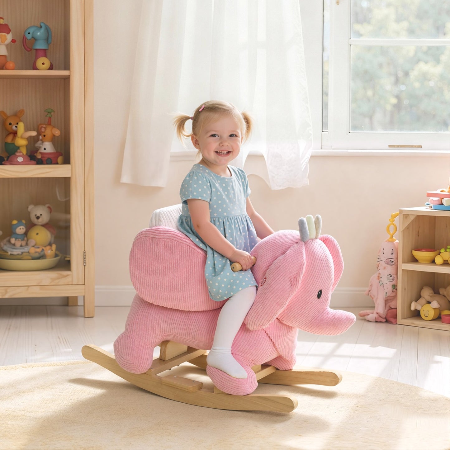 Kids Rocking Horse, Baby Ride on Elephant Rocker with Safety Belt, Pink