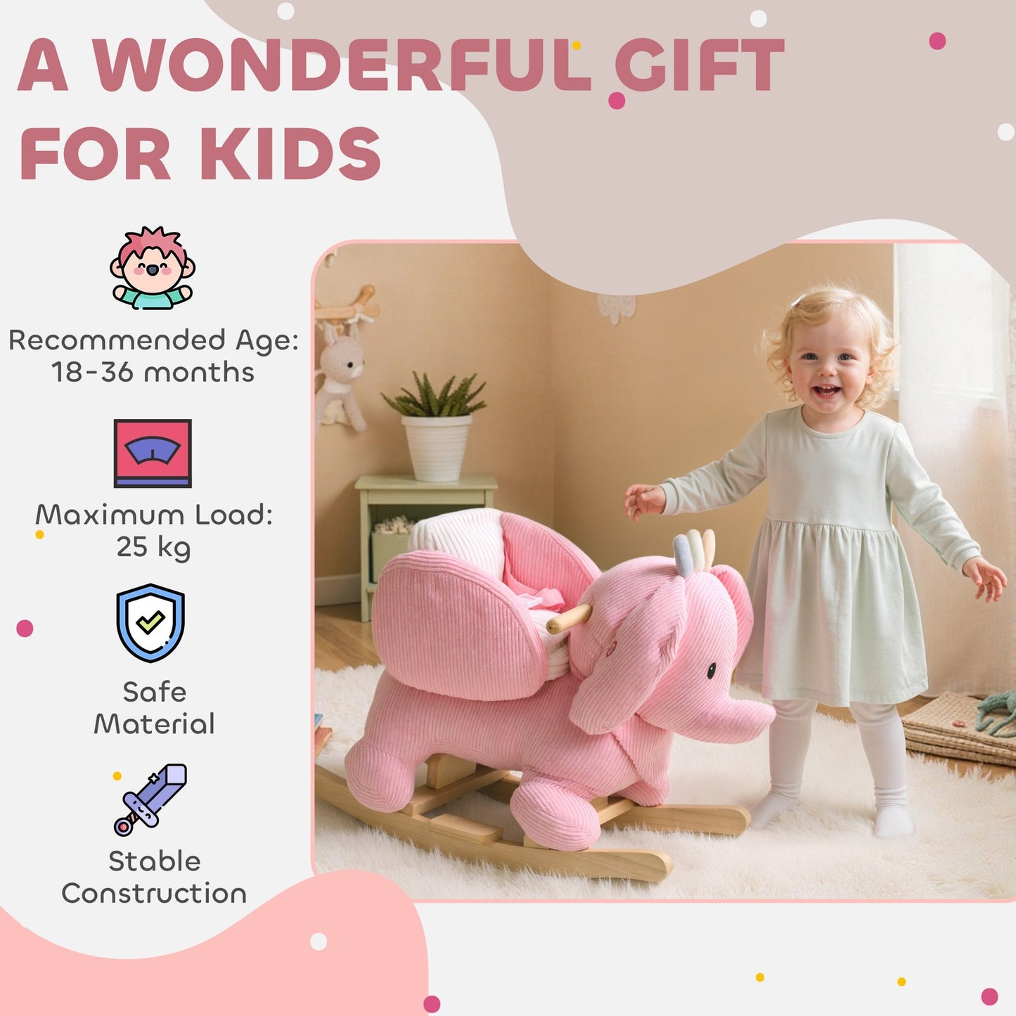 Kids Rocking Horse, Baby Ride on Elephant Rocker with Safety Belt, Pink