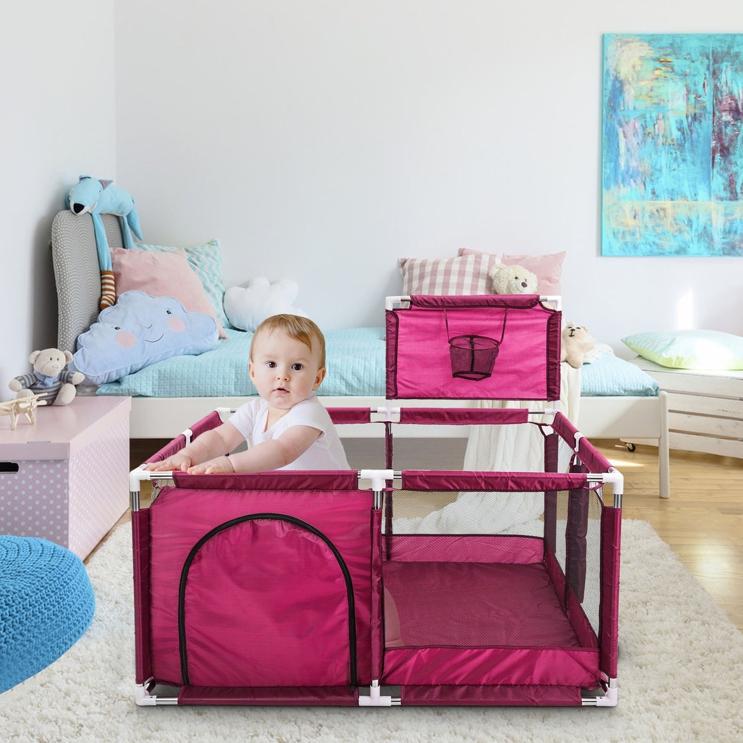 Large Baby Playpen with Basketball Hoop Extra Wide Portable Play Yard