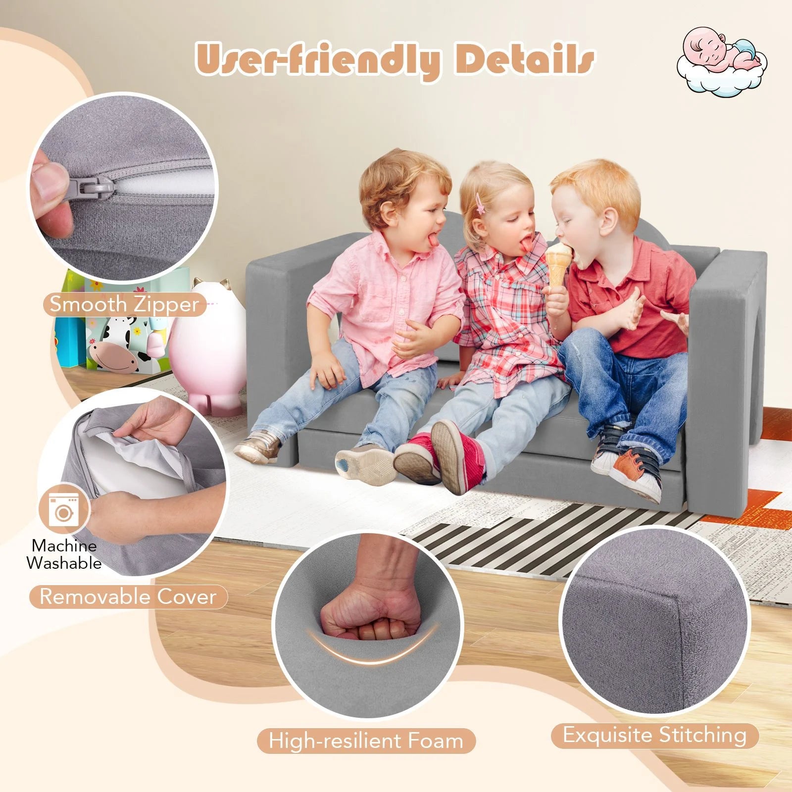 8-Piece Modular Kids Play Couch with Machine-Washable Covers