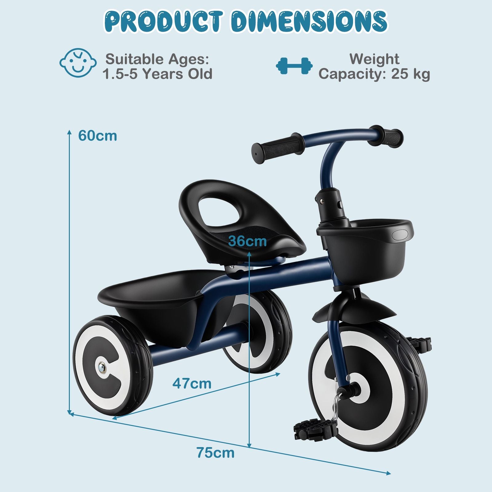 Toddler Tricycle Kids Trike with Adjustable Seat for 1.5-5 Years Old