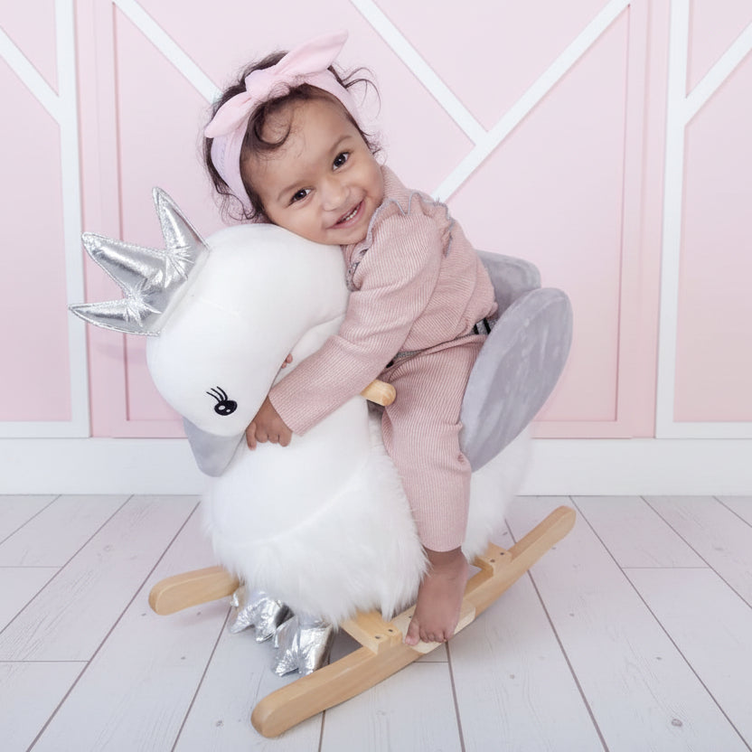 Cute Kids Ride-On Rocking Swan W/ Sound Handlebars Seat Belt Plush Body