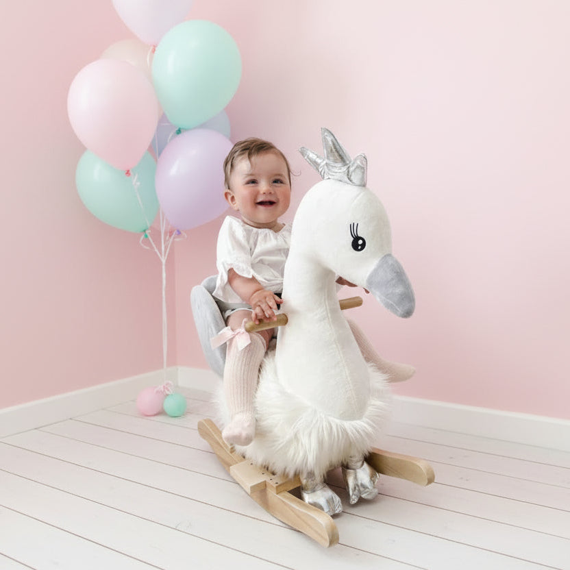 Cute Kids Ride-On Rocking Swan W/ Sound Handlebars Seat Belt Plush Body