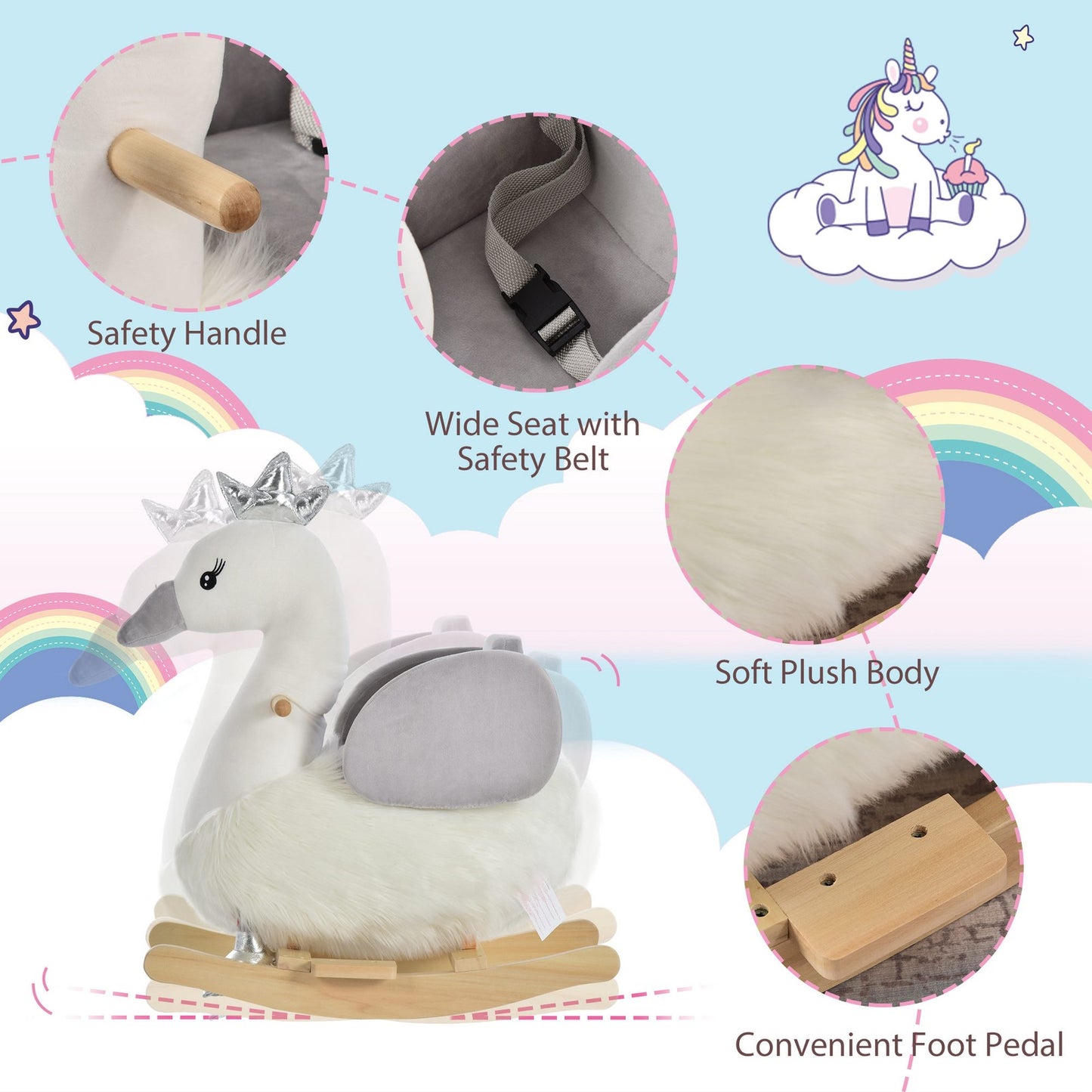 Cute Kids Ride-On Rocking Swan W/ Sound Handlebars Seat Belt Plush Body