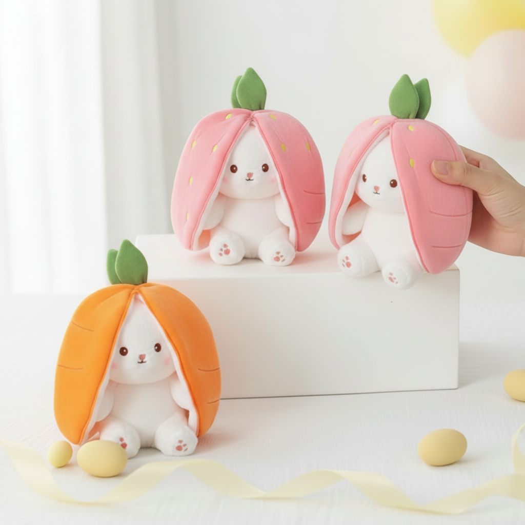 25Cm Cute Strawberry Carrot Rabbit Plush Toy Stuffed Creative into Fruit Transform Baby Cuddly Bunny Doll for Kid Birthday Gift