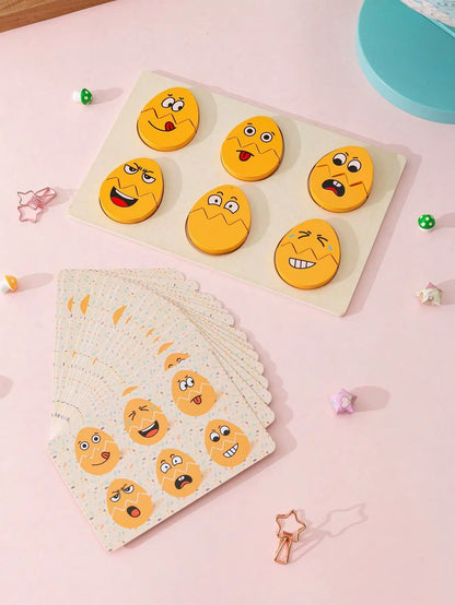 1Pc Cartoon Egg Emoticon Pattern Wooden Puzzle Board Toy with Matching Cards Fun Pairing Game Suitable for Children Ages 3+