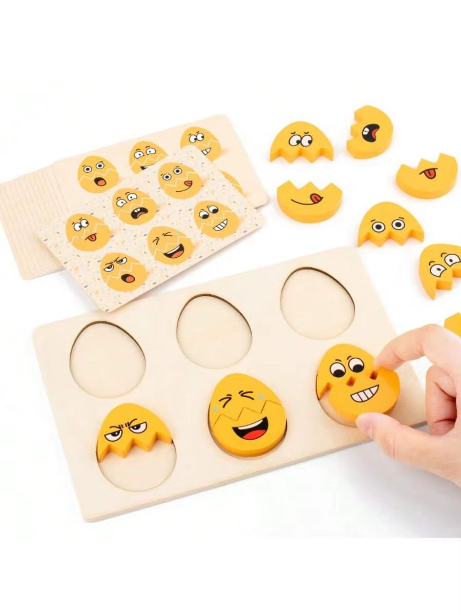1Pc Cartoon Egg Emoticon Pattern Wooden Puzzle Board Toy with Matching Cards Fun Pairing Game Suitable for Children Ages 3+