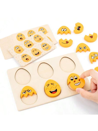 1Pc Cartoon Egg Emoticon Pattern Wooden Puzzle Board Toy with Matching Cards Fun Pairing Game Suitable for Children Ages 3+