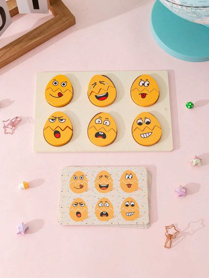 1Pc Cartoon Egg Emoticon Pattern Wooden Puzzle Board Toy with Matching Cards Fun Pairing Game Suitable for Children Ages 3+