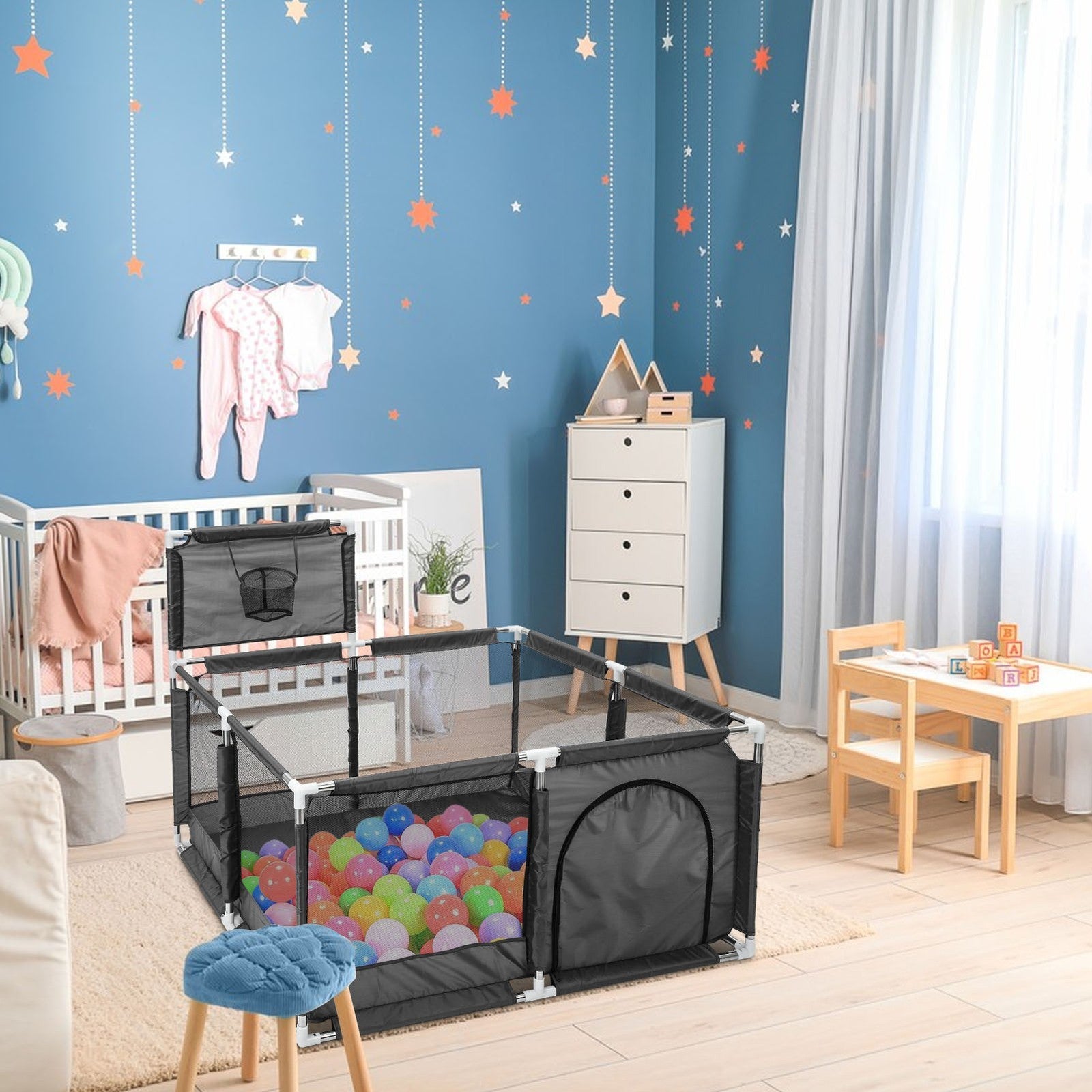 Large Baby Playpen with Basketball Hoop Extra Wide Portable Play Yard