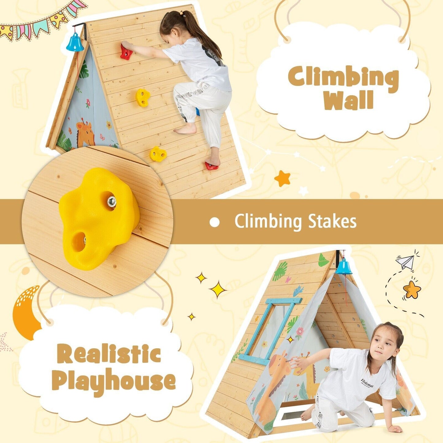 2-In-1 Children Climbing Playhouse with Front Bell and Window