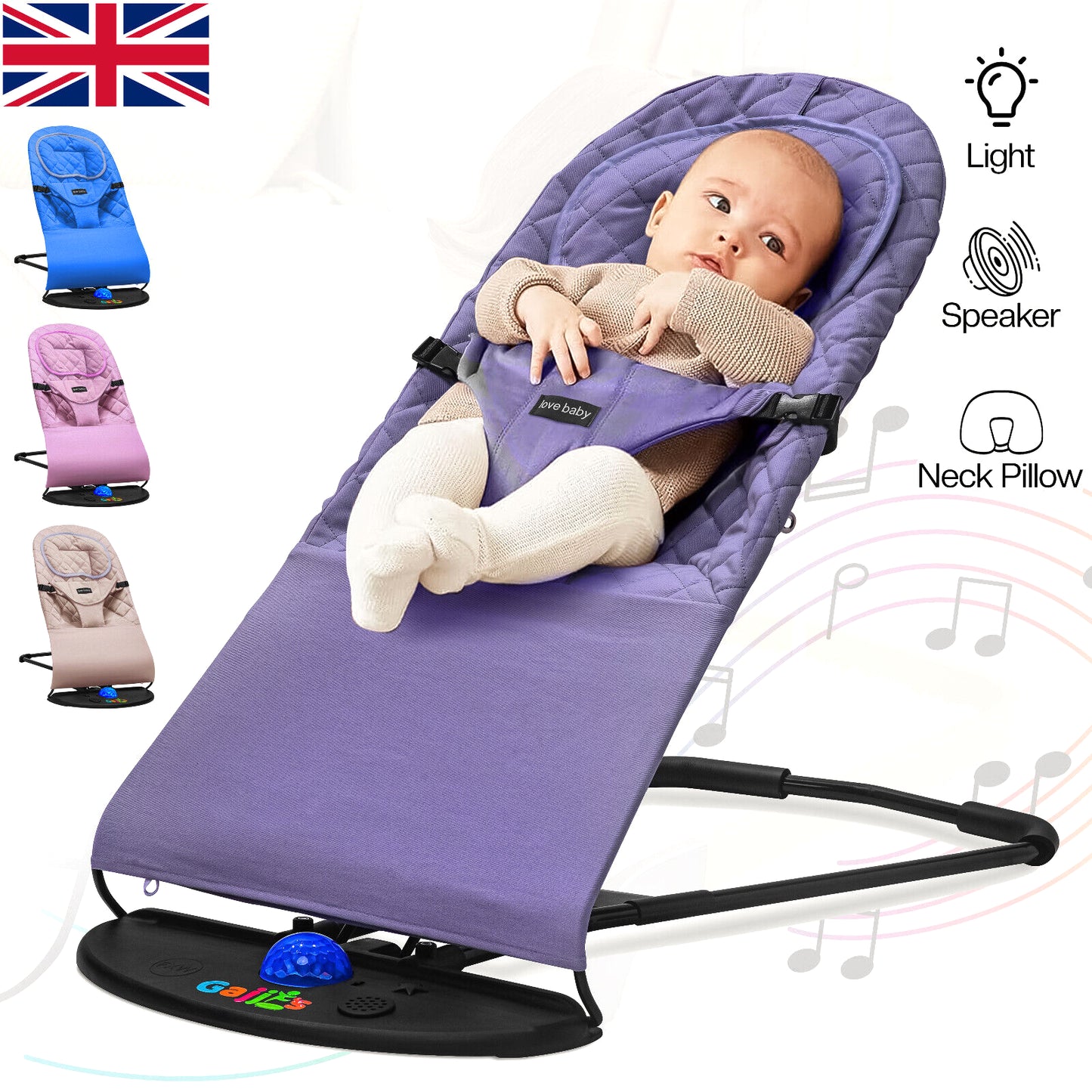 Newborn Baby Bouncer Infant Speaker Colorful Lights Foldable Chair Rocking Seat