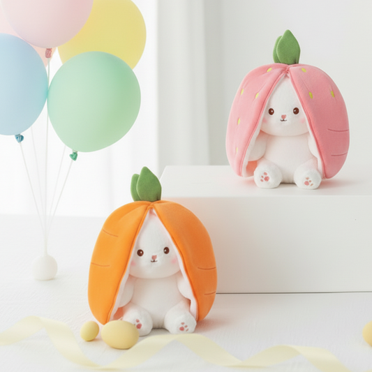 Bunny plushies with balloons on left