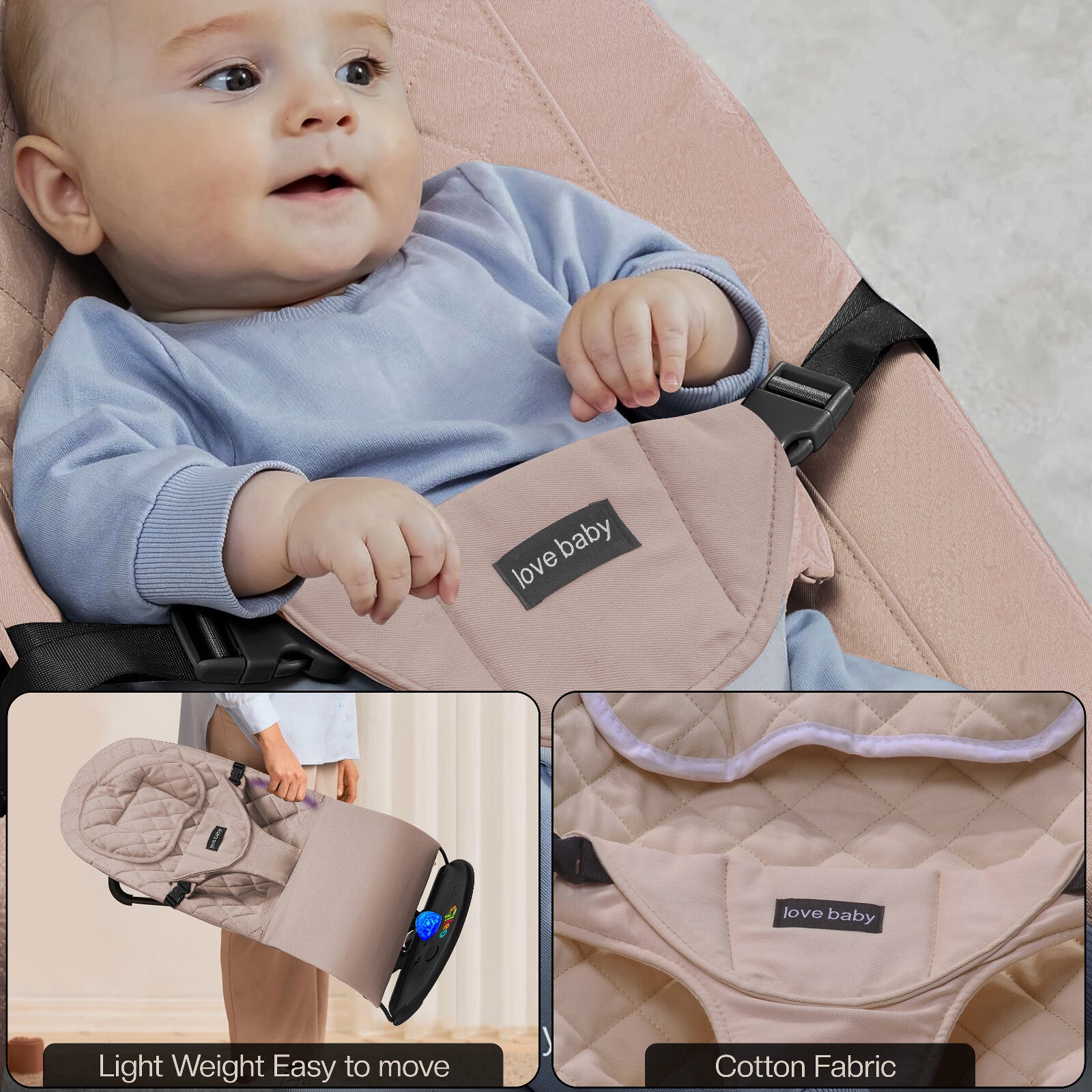 Newborn Baby Bouncer Infant Speaker Colorful Lights Foldable Chair Rocking Seat