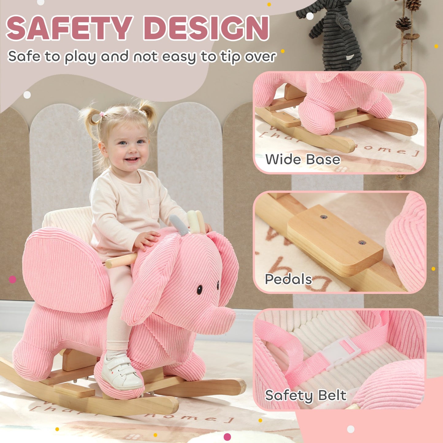 Kids Rocking Horse, Baby Ride on Elephant Rocker with Safety Belt, Pink