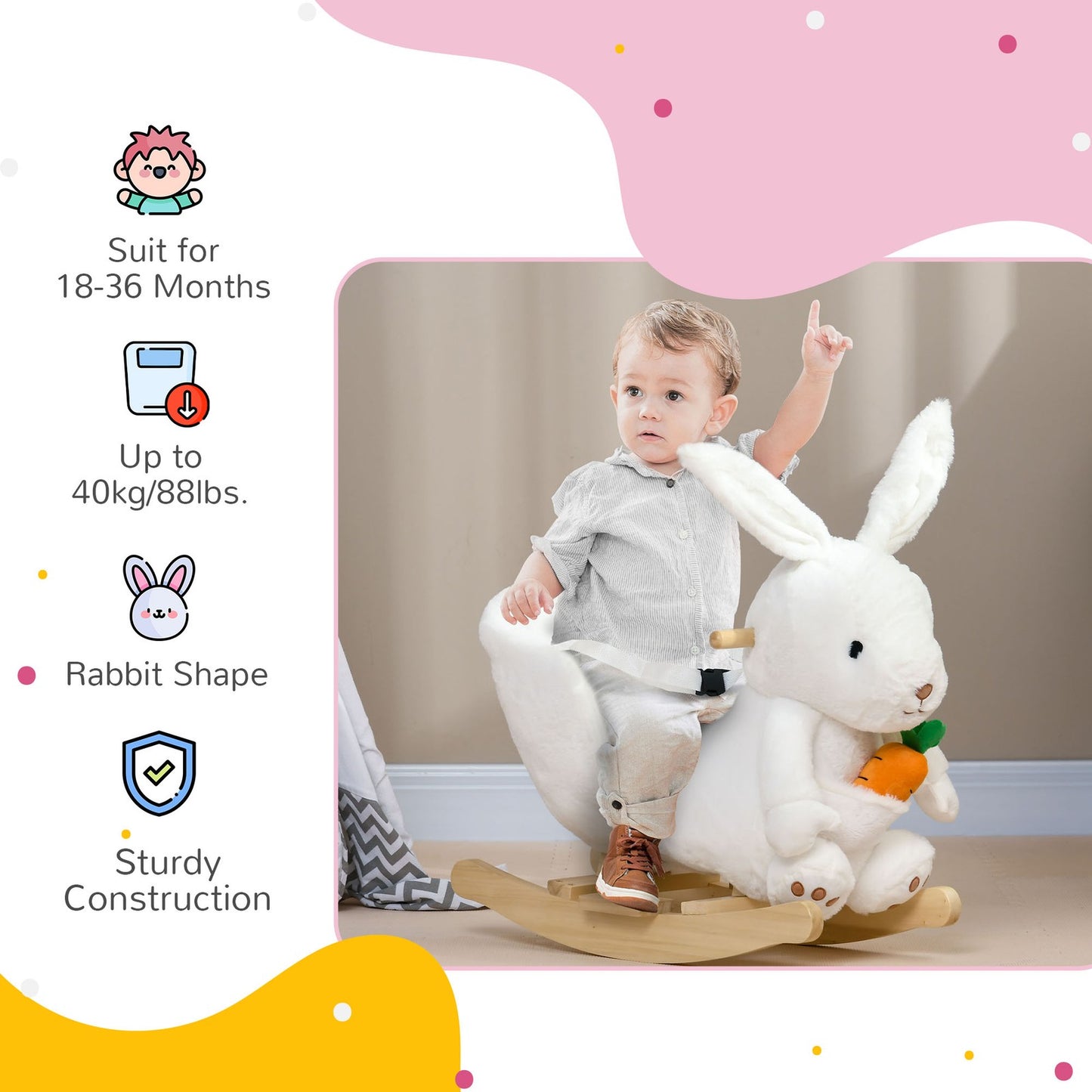Kids Rocking Horse, Plush Rabbit-Shaped Baby Rocking Chair, for 18-36 Months