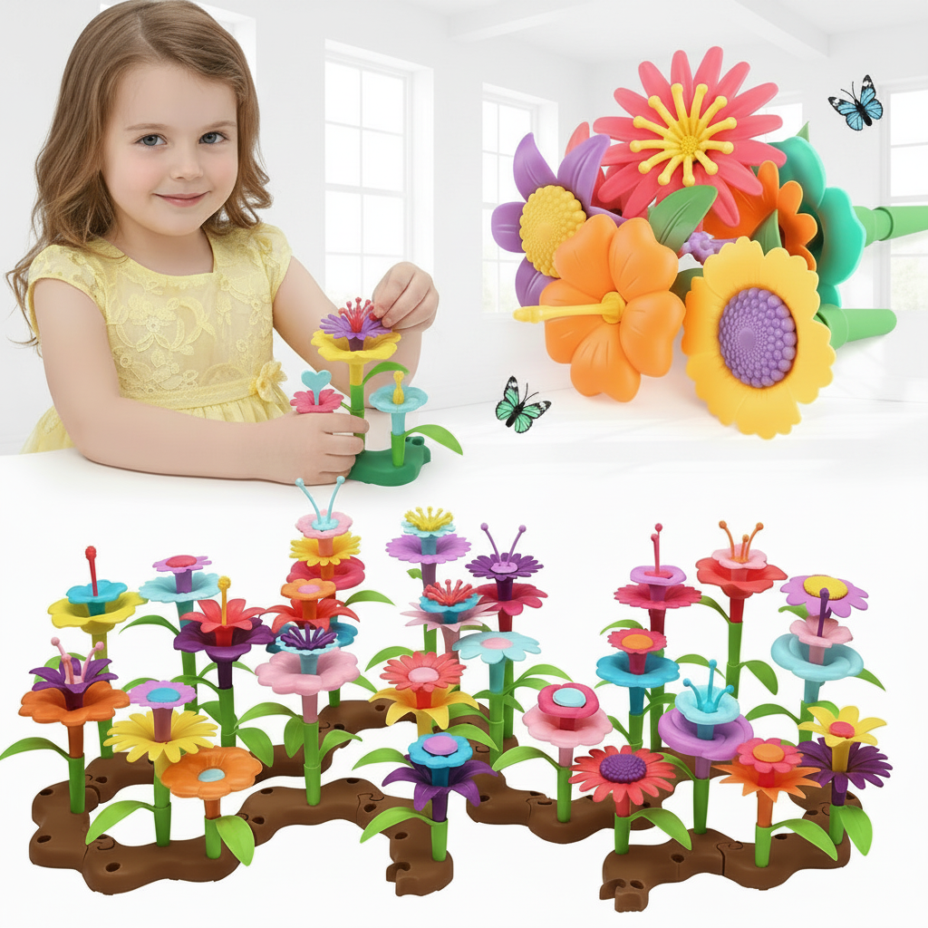 Flower Garden Building Set with European girl in yellow Easter dress
