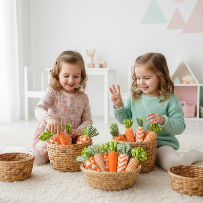 Two girls counting decorative Easter carrots in pastel kids room
